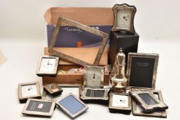 A BOX OF ASSORTED SILVER FRAMES AND OTHER ITEMS, to include nine silver photo frames (some AF will