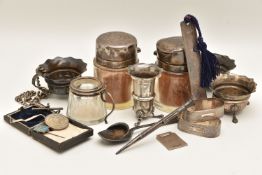 A BOX OF ASSORTED SILVER ITEMS, to include a book mark with blue tassel, an engraved tag, spoon,