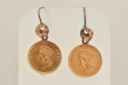 A PAIR OF 1 DOLLAR MOUNTED EARRINGS, two 1 dollar 1884 Indian princess head dollar coins, each
