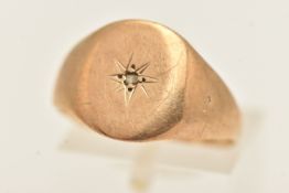 A GENTS 9CT GOLD SIGNET RING, AF will require some attention split band, of an oval form with a star