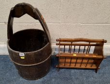 AN OAK COOPERED BARREL STYLE BUCKET, with a handle, along with a magazine rack Dimensions:bucket