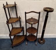 A 20TH CENTURY THREE TIER FOLDING CAKE STAND, with dished hexagonal shelves, a four tier what-not,