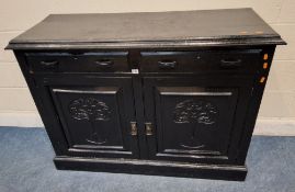 A BLACK PAINTED OAK SIDEBOARD, fitted with two drawers over double cupboard doors Dimensions:width