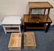A TWO TIER COFFEE TABLE, on castors, a dish top table, two wine crates, along with another table
