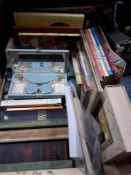 TWO BOXES AND LOOSE OF GENERAL HOUSEHOLD ITEMS to include a 1950s travelling vanity set, a box of