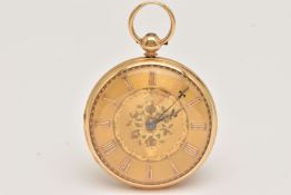 AN 18CT YELLOW GOLD OPEN FACE POCKET WATCH, key wound movement, round floral dial, Roman numerals,