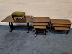 A SELECTION OF OCCASIONAL FURNITURE, to include an oak coffee table, raised on trestle legs, two