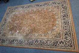 A RED GROUND RECTANGULAR WOOLLEN RUG, with foliate patterns, surrounded by a multi-strap border