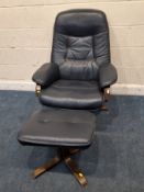 A BLUE LEATHER SWIVEL RECLINING ARMCHAIR, along with a matching footstool Dimensions:chair width