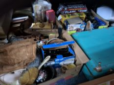 FOUR BOXES AND LOOSE OF GENERAL HOUSEHOLD ITEMS to include a vintage turquoise suitcase, a box