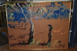 Y ROLF HARRIS (1930-2023) LANDSCAPE WITH KOOKABURRA, a loosley painted landscape with a tree and