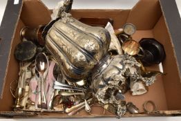 A BOX OF ASSORTED WHITE METAL, to include an 'Elikington & Co' kettle, assorted napkin rings,