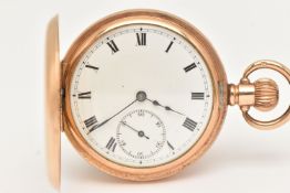 A ROLLED GOLD FULL HUNTER POCKET WATCH, manual wind, round white Roman numeral dial, subsidiary dial