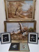 SEVEN ANIMAL AND LANDSCAPE PICTURES, comprising an indistinctly signed oil on canvas depicting a dog