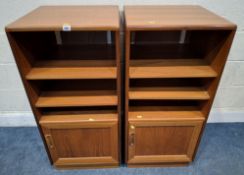 G PLAN FRESCO, A PAIR OF MID-CENTURY TEAK RECORD CABINETS, with two shelves over a cupboard door