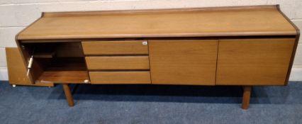 WHITE AND NEWTON, A MID-CENTURY TEAK SIDEBOARD, with a raised back, fitted with double cupboard