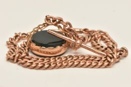 A 9CT ROSE GOLD DOUBLE ALBERT CHAIN AND FOB, a curb link chain, fitted with two lobster clasps and a