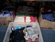 FIVE BOXES OF WOMENS CLOTHING to include silk style scarves, blouses, jumpers, skirts, vest tops and