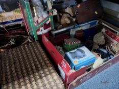 THREE BOXES OF GENERAL HOUSEHOLD ITEMS to include a wicker hamper, a box containing small framed