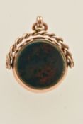 A 9CT ROSE GOLD SWIVEL HARDSTONE FOB, set with a bloodstone and carnelian polished inlay, rubbed 9ct