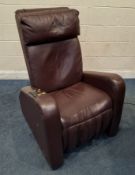A BURGUNDY LEATHER KEYTON EW-22 ELECTRIC RECLINING MASSAGE CHAIR, with a flip control on the right
