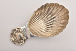 AN ELIZABETH II SILVER CADDY SPOON, shell shape bowl and handle, hallmarked 'A Marston & Co'