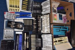 TWO BOXES OF ASSORTED BOXED CUTLERY SETS, to include tea sets, knives, forks, teaspoons, cake forks,