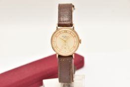 A 9CT GOLD 'J.W.BENSON, LONDON' WRISTWATCH, manual wind, round gold tone dial signed 'J.W.Benson,