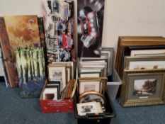A QUANTITY OF ASSORTED PICTURES AND PRINTS ETC, to include three Staffordshire enamels plaques, a