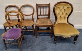 A SET OF THREE 19TH CENTURY BALLOON BACK CHAIRS, an oak rush seated chair, along with an upholstered
