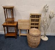 A SELECTION OF OCCASIONAL FURNITURE, to include a floral lamp, a cd rack, a basket, three folding