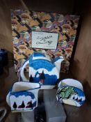 A BOXED WEDGWOOD MAY AVENUE STAMFORD TEA SET, based on a design by Clarice Cliff, comprising