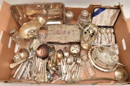 A BOX OF ASSORTED WHITE METAL, to include two sauce boats, a cruet set, a cigarette box, a cased set