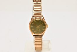 A 9CT 'CRUSADER' WRISTWATCH, hand wound movement, round dial, Roman numerals, subsidary dial at