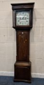 A GEORGIAN OAK CASED EIGHT-DAY LONGCASE CLOCK, with a box hood, the square glass door enclosing a