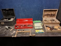 FOUR BOXES CONTAINING TOOLS including a Rabone and Sons machine level, a Faithful No.04 wood plane