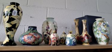 A GROUP OF OLD TUPTON WARE CERAMICS, comprising a boxed baluster vase tube lined with blue tits,