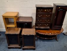 A SELECTION OF REPRODUCTION OCCASIONAL FURNITURE, to include a coffee table, a bow front chest of