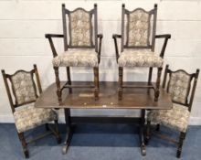 A 20TH CENTURY OAK RECTANGULAR DINING TABLE, raised on trestle-style legs, united by a stretcher,
