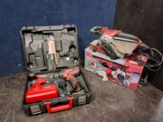A MILWAUKEE M12 BDP 12V CORDLESS DRILL with C12 charger, three batteries and case along with an