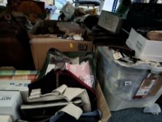 FOUR BOXES AND LOOSE OF WOMENS SHOES, SOFT FURNISHINGS AND HAIR RELATED ITEMS to include a box of