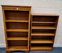 A REPRODUCTION OPEN BOOKCASE, with three adjustable shelves, along with a smaller teak open bookcase