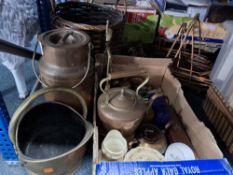 ONE BOX AND LOOSE OF MAINLY HOUSHOLD METALWARE to include a box containing two brass bells with wall