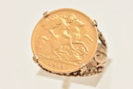 A MOUNTED HALF SOVEREIGN COIN RING, George V half sovereign dated 1912, claw set within a textured