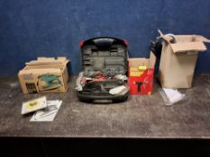 A COLLECTION OF POWER TOOLS including a Black and Decker sandstorm sander in case, a Black and
