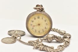 A LADIES SILVER POCKET WATCH AND ALBERTINA, manual wind, open face pocket watch, Arabic numeral dial