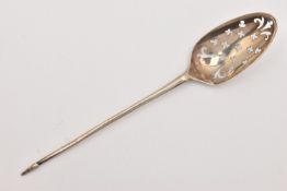 A GEORGIAN SILVER MOTE SPOON, openwork bowl with pointed handle, rubbed and unclear marks,