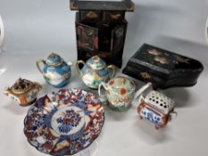 A BOX OF ORIENTAL CERAMICS AND MISCELLANEOUS ITEMS, to include a lacquered musical jewellery box, in