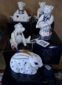 A GROUP OF BOXED ROYAL CROWN DERBY MINIATURE TEDDIES AND A BABY RABBIT PAPERWEIGHT, comprising