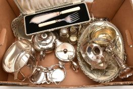 A BOX OF ASSORTED WHITE METAL, to include a basket, a cruet set, two posy vases, two teapots, a